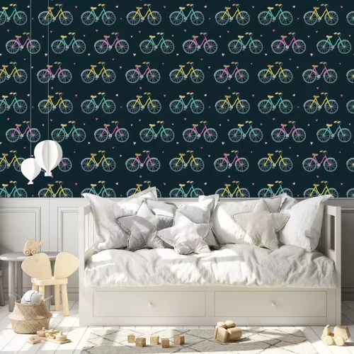 Behang Seamless pattern with funny bicycles. Vector background with bikes