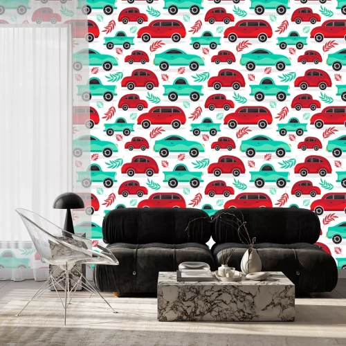 Behang Seamless pattern of green and red cartoon car in flat vector. Transport vehicle. Children's cute background toy car. Fun design for textiles, paper, fabric, packaging, Wallpaper,