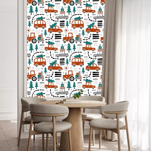 Behang Hand drawn seamless vector pattern with cute cars and Christmas trees. Perfect for fabric or wrapping paper. 