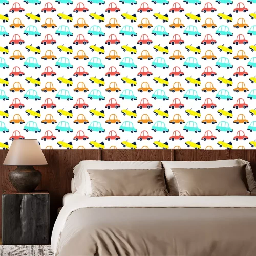 Behang Seamless pattern of cute cars, print for fabric, gift paper, textiles, wallpaper. Vector illustration for kids.
