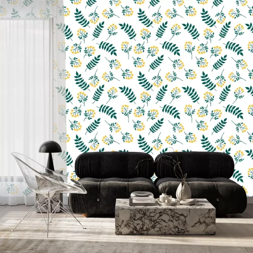 Behang Natural seamless pattern with tansy plant and leaves. Forest yellow flowers. Vector scandinavian style illustration.