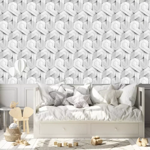 Behang 3D Wallpaper of white 3D panels geometric knot with white decor stripes. Shaded geometric modules. High quality seamless texture.