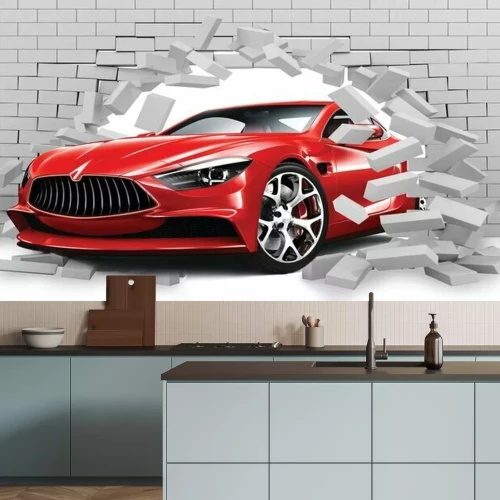 Fotobehang Rode auto rijdt door een muur