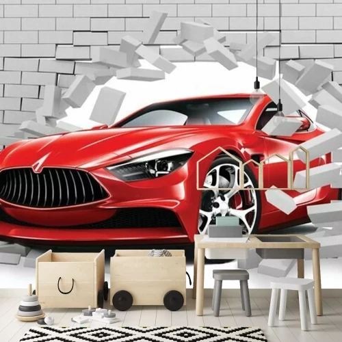 Fotobehang Rode auto rijdt door een muur