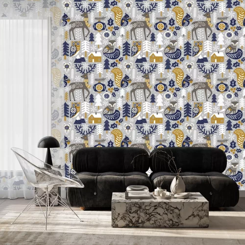 Behang Bosdieren en planten op een grijze achtergrond