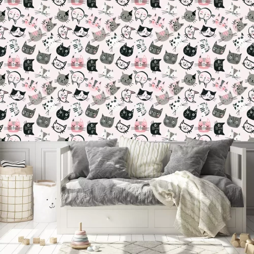 Behang Koppen van katten op een roze achtergrond