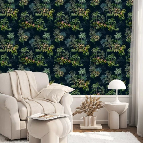 Behang Seamless pattern with jungle trees and flowers. Vector.