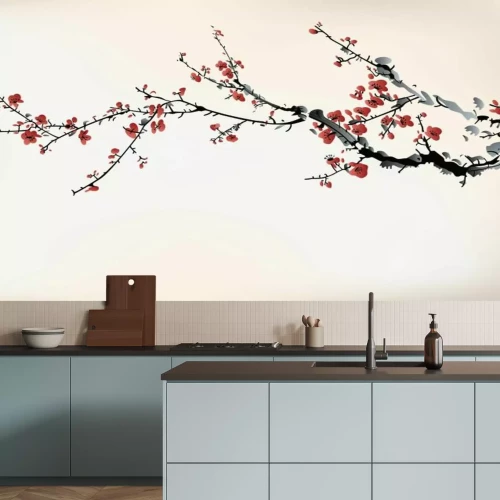 Fotobehang Aquarelschilderij van kersenbloesems en takken op een lichte achtergrond