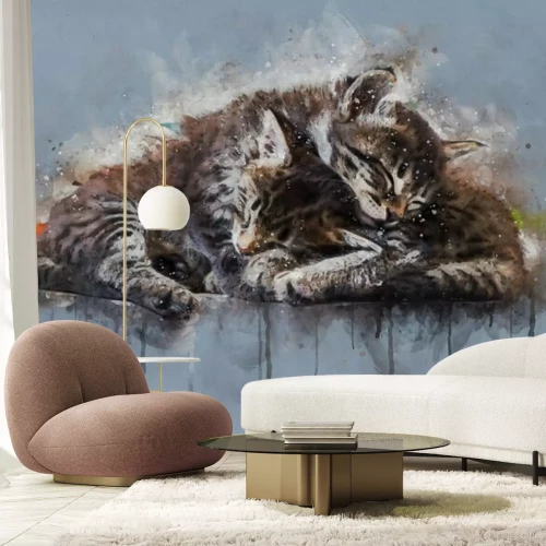 Fotobehang Watercolor illustration, Two little tabby cats sleeping together