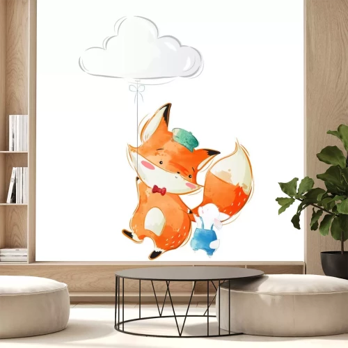 Sticker Cute Fox and Bunny Flying to the Sky