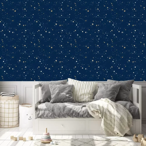 Behang Seamless blue space pattern with gold constellations and stars