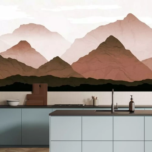 Fotobehang Mountain Landscape illustration with distant mist. Processed in warm graduated brown and rust tones, with background texture.