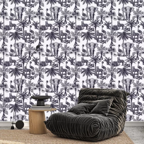 Behang Seamless pattern with graphic tropical treees and jungle animals. Vector.