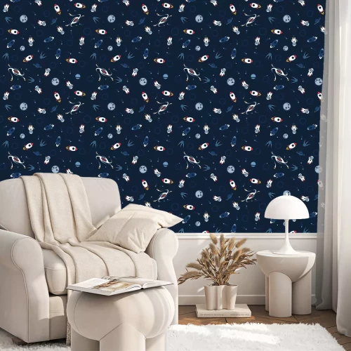 Behang Space seamless pattern vector background. Cute design template with Astronaut, Spaceship, Rocket, Moon, Black Hole and Stars