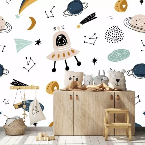 Sticker Childish seamless pattern with aliens, ufo in cosmos. Trendy scandinavian vector background. Perfect for kids apparel,fabric, textile, nursery decoration,wrapping paper