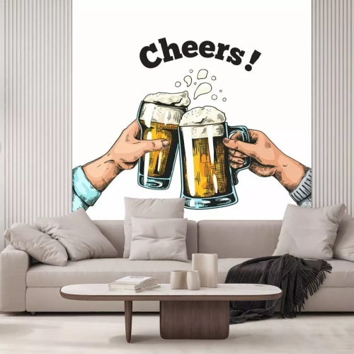 Sticker Hands with beer mugs. Hand drawn poster with vintage pub glasses with beer and hands, colored ink sketch alcohol beverages. Vector illustrations pub toast template for party in restaurant or bar