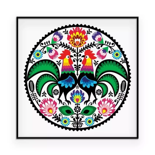 Poster Volksmotief met bloemen en hanen in de stijl van Łowicz