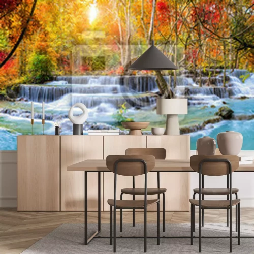 Fotobehang Waterval in een kleurrijk herfstbos