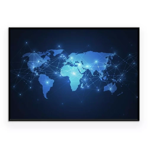 Poster Wereldkaart met lichtgevende lijnen en punten