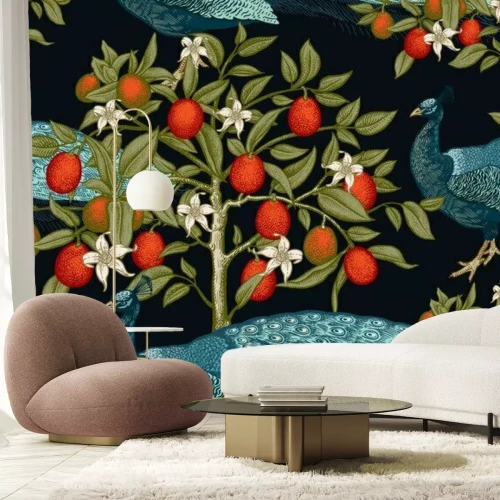 Fotobehang Peacocks and citruses on black background. Seamless pattern.