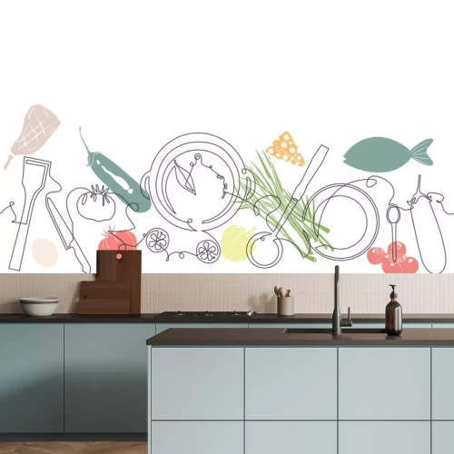 Sticker Background with Utensils and Food. Cooking Pattern. Vector illustration.