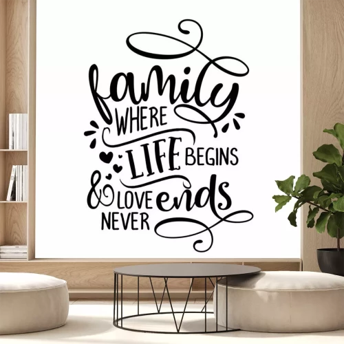 Sticker Family where life begins and love never ends -  Funny hand drawn calligraphy text. Good for fashion shirts, poster, gift, or other printing press. Motivation quote.