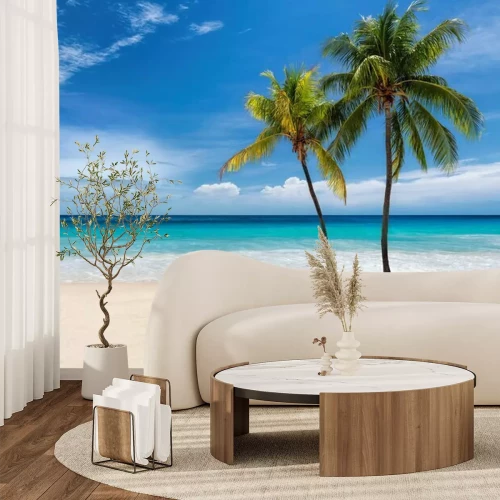 Fotobehang Een exotisch strand met turquoise zee en palmbomen