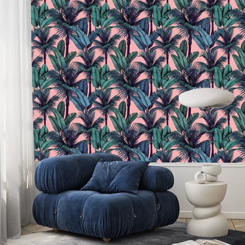 Behang Seamless pattern with tropical palm and banana leaves on pink background. Hand drawn vector illustration.