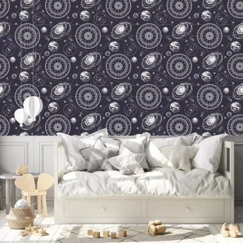 Behang Seamless pattern. Signs of the zodiac, ecliptic, stars, galaxies and planets.