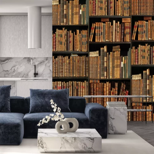 Fotobehang Houten planken met oude boeken