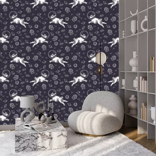 Behang Seamless pattern with pugs, planets and rockets. Dog astronaut flies in space.