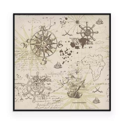 Poster Vector abstract seamless background on the theme of travel, adventure and discovery. Old hand drawn map with vintage sailing yachts, wind rose, routs, nautical symbols and handwritten inscriptions