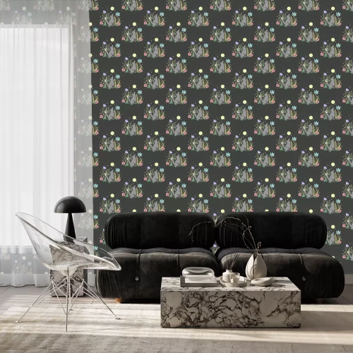 Behang Wolven huilen naar de maan met bloemen