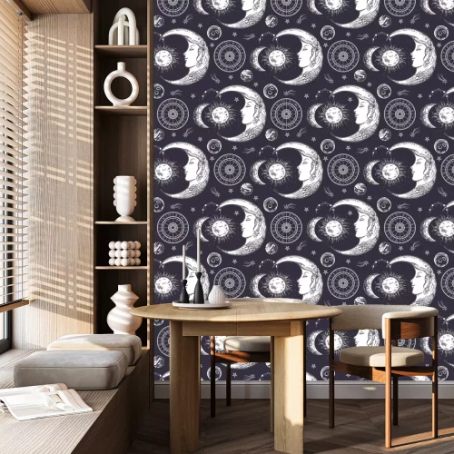 Behang Seamless pattern. Moon face, phases of the moon, sun and crescent. Zodiac circle.