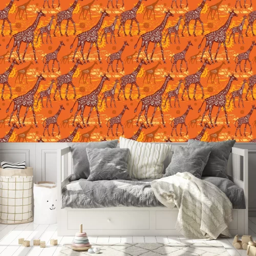Behang Patroon met giraffen en etnische motieven