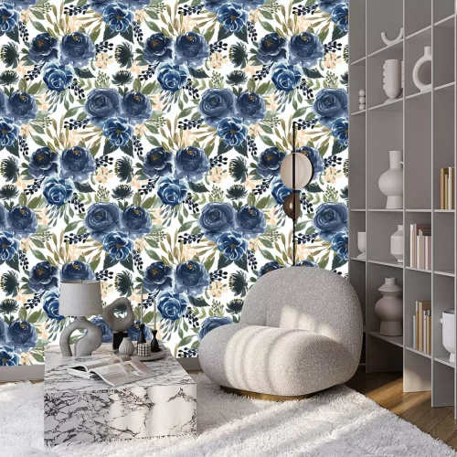 Behang Seamless pattern watercolor flower navy blue