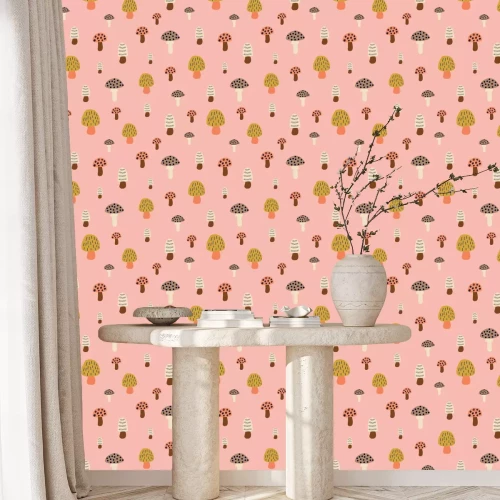 Behang Paddestoelen met kleurrijk patroon op een roze achtergrond