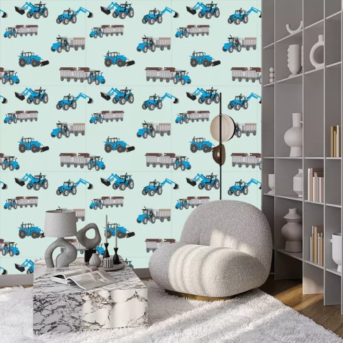 Behang A seamless pattern with blue construction tractors on a green background