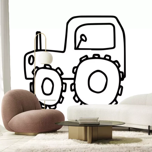 Sticker Vector Doodle childish tractor hand drawn on an isolated white background. Sketch  black line icon. Design for cards, coloring, textiles, packaging paper, stickers, web and mobile.