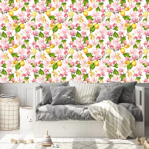 Behang Seamless background with watercolors magnolia and lemon.