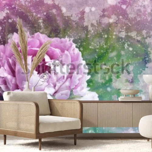 Fotobehang Peony op de oude muur