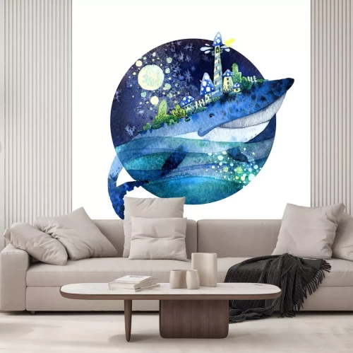 Sticker Een walvis die een stad op zijn rug draagt