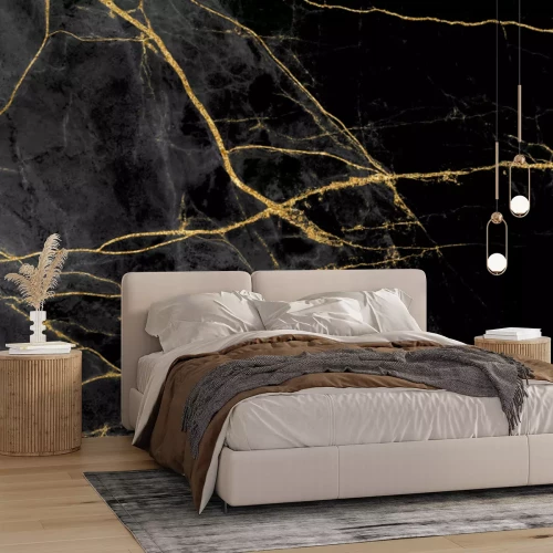 Fotobehang Zwarte en gouden marmertextuur