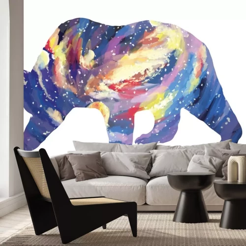 Sticker Bright bear silhouette galaxy sky. Slumber illustration on white background