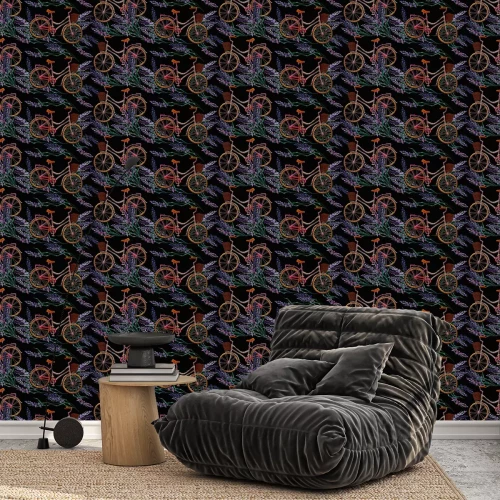 Behang Embroidery lavender flowers and bicycle horizontal seamless pattern. Summer and spring floral art. Lifestyle concept. Fashion template for clothes, t-shirt design