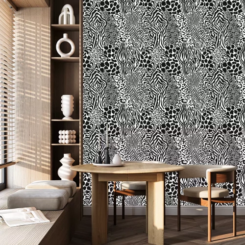 Behang Wild animal skins patchwork camouflage wallpaper black and white fur abstract vector seamless pattern