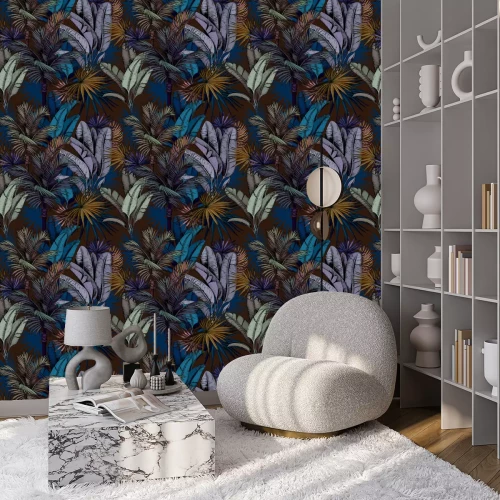 Behang Seamless pattern with colorful tropical leaves on dark blue background. Hand drawn vector illustration.