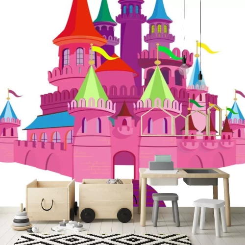 Sticker Een roze sprookjeskasteel met torenhoge torentjes