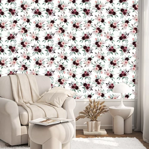 Behang Seamless background, floral pattern with watercolor flowers pink and burgundy roses. Repeat fabric wallpaper print texture. Perfectly for wrapped paper, backdrop.