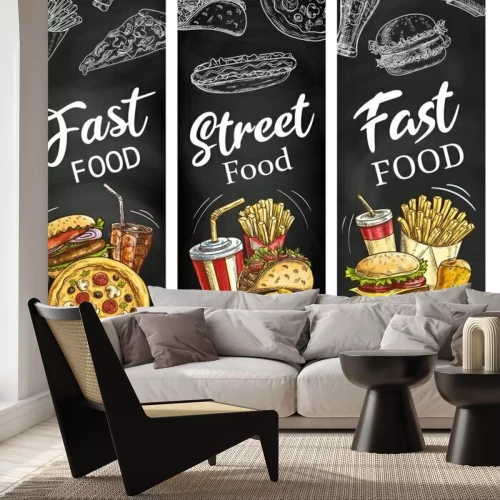 Fotobehang Fast food burgers, hot dogs, soda drink and pizza